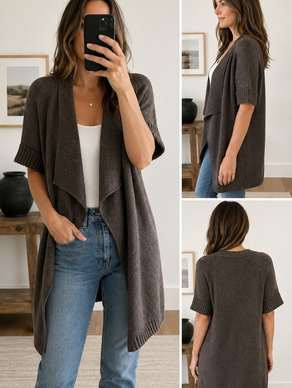 Vince Wool Blend Open Front Cardigan Sweater Taupe Short Sleeve Size M